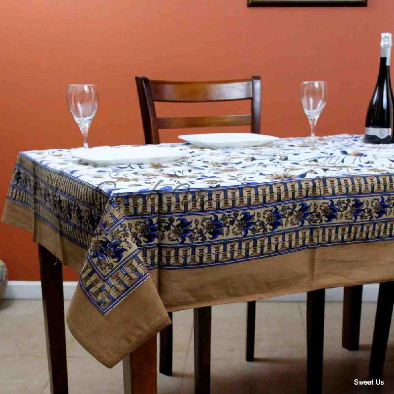 Cotton Floral Tablecloth Rectangle White Brown Green Blue Kitchen Linen