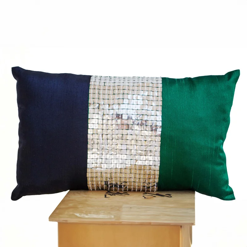 Throw Pillow -Emerald green, navy blue, silver color block silk sequin detail cushion -sequin pillow -12x20 Color block lumbar pillow- gift