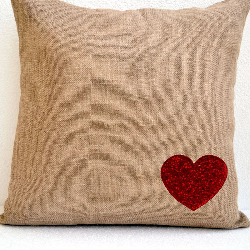 Burlap Heart Cozy Pillow Cover With Red Sequins Best Gift For a Loved One Holiday Decor Valentine