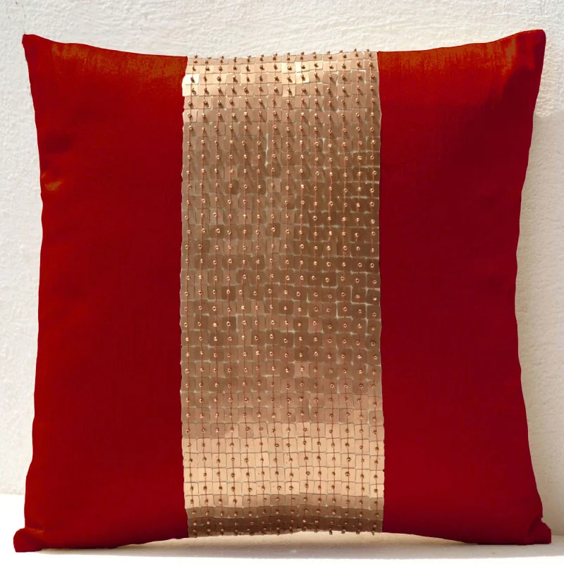 Throw Pillows -Red gold color block in silk and sequin bead detai- Couch pillows- Sofa pillow- 16X16 red pillow- Gift pillow- Toss pillows