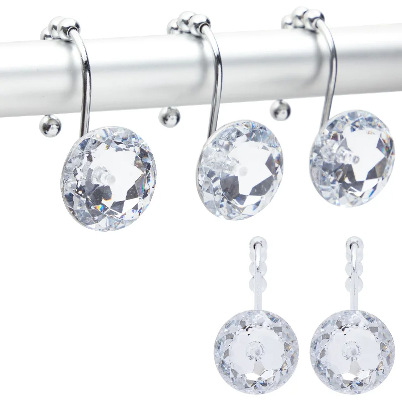 Acrylic Diamond Shower Curtain Hooks, Bling Bathroom Decor (Stainless Steel, 12 Pack) - Silver