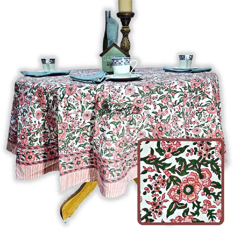 Rose Romance Floral Cotton Block Print Tablecloth Round, Pretty in Pink