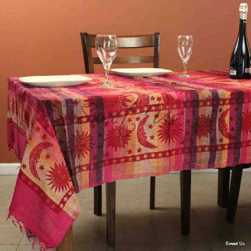 Cotton Celestial Print Floral Tablecloth Rectangle Red Dining Linen