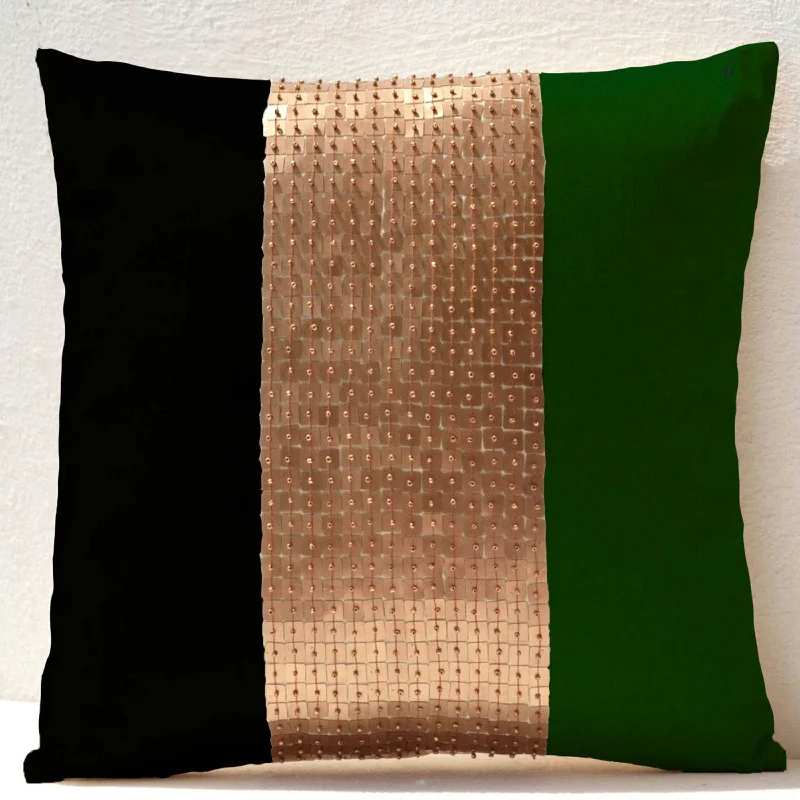 Throw Pillows - Emerald green, black, gold color block in silk sequin detail cushion - sequin pillow - 16X16 Color block pillow - gift