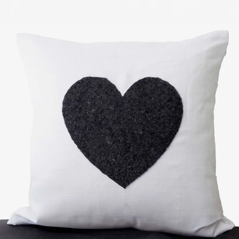 White linen heart pillow covers - black sequin heart pillow - Decorative cuhion covers - Gift - Throw pillow 16X16 Sofa pillow- Heart pillow