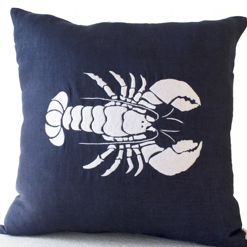 Navy Linen Decorative Throw Pillow With Lobster For Oceanic Beach House Decor Modern Decor