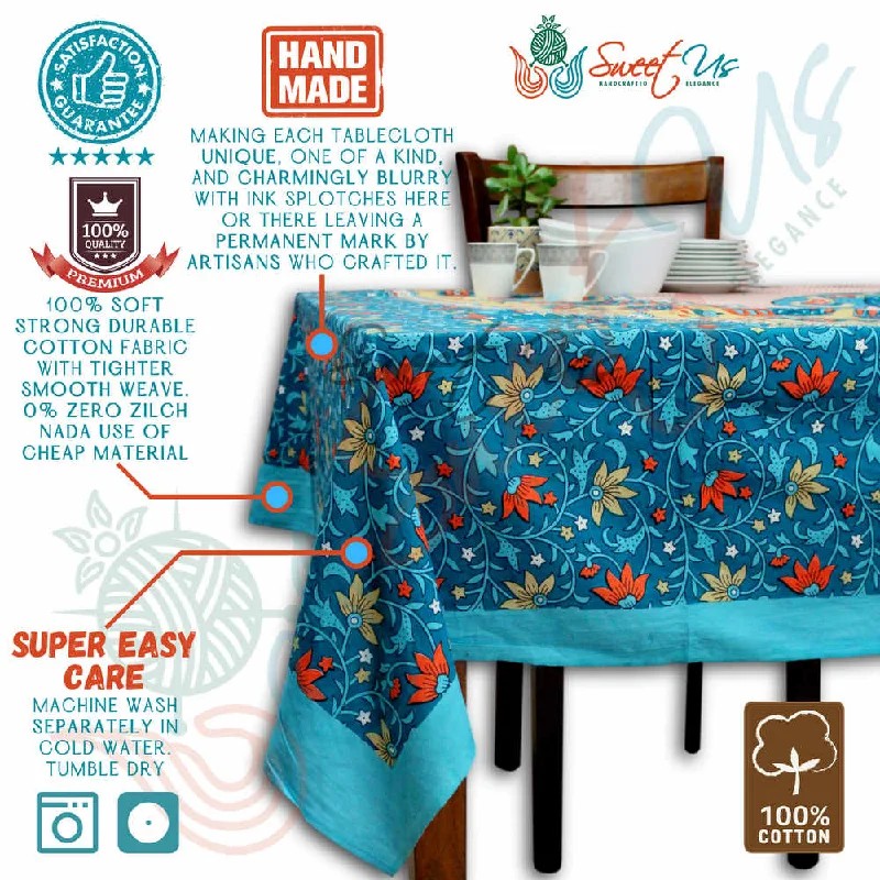 Cotton Floral Peacock Tablecloth Rectangle Turquoise Gold White