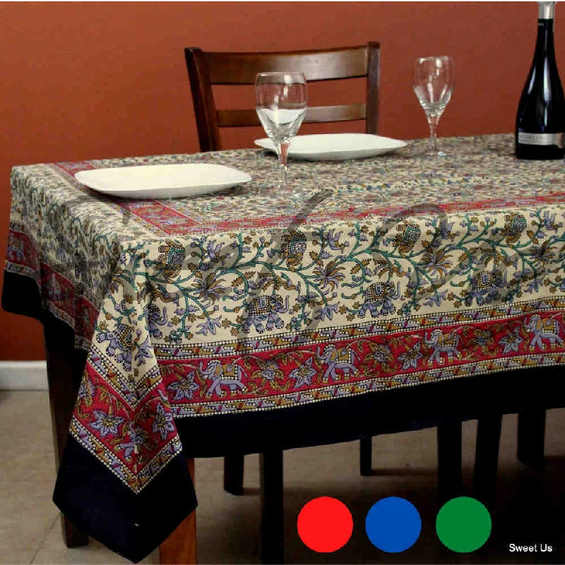 Cotton Elephant Floral Tablecloth Rectangle Red Blue Green Black Beige