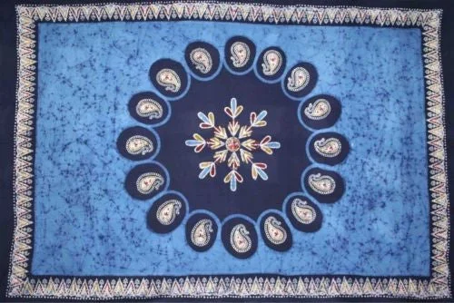 Handmade Multi Batik PaisleyTapestry Tablecloth Bedspread 100% Cotton Blue Full