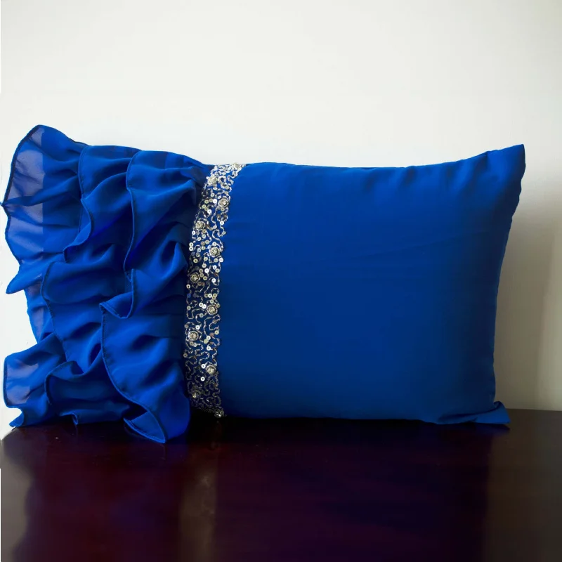 Royal Blue ruffled throw pillows -Ruffle pillows -12x20 -Blue Lumbar Pillow -Rectangle Pillow -Beaded cushion -Gift -Bead Embroidered pillow