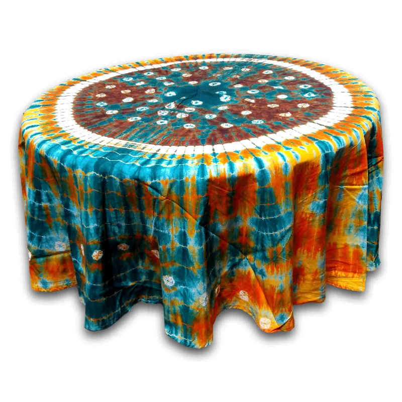 Cotton Bandhani Tie Dye Mandala Tablecloth Round 76 inches Blue Orange Brown