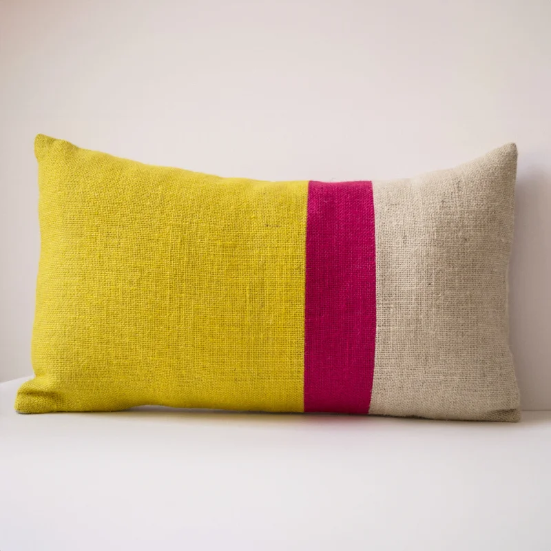 Yellow Pillow - Burlap Pillow color block - Yellow Fuchsia Decorative cushion cover- Spring Throw pillow gift 12X16 - Yellow Lumbar Pillow