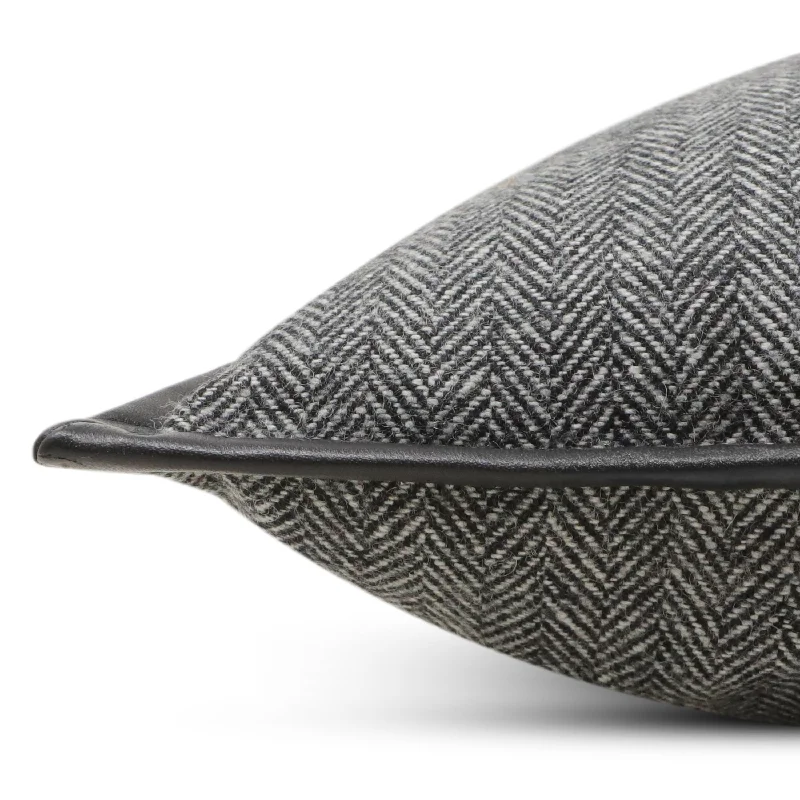 Woven Herringbone With Genuine Leather Trim Pillow Cover