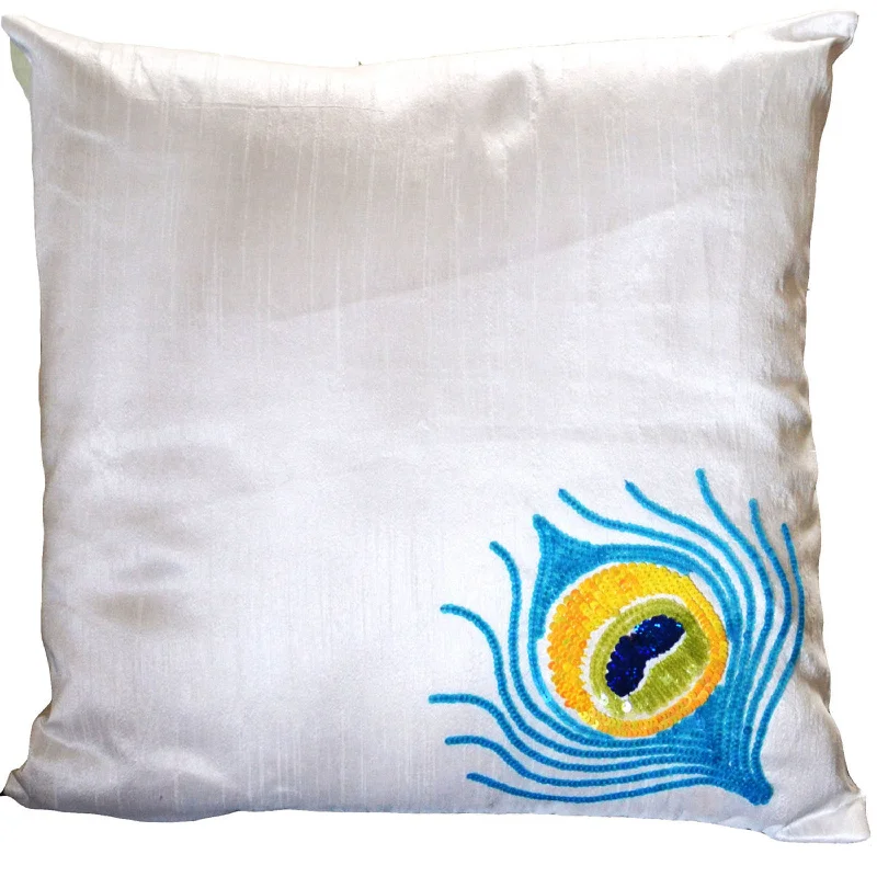 Decorative throw pillows with peacock feather embroidery- Silk pillows ivory white- Sofa pillows- Cushion cover zipper - 20x20 Throw pillow