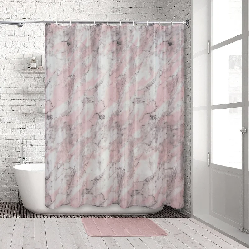 Marble Dusty Pink 14-Piece Bath Set -Shower Curtain, Rug & Hooks - multi