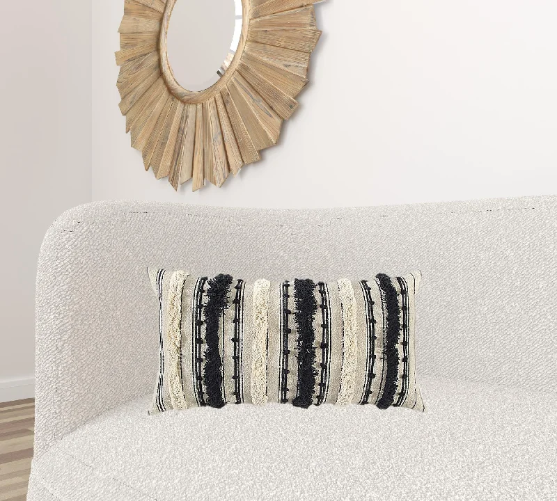 Beige Black Eyelash Fringe Textured Lumbar Pillow