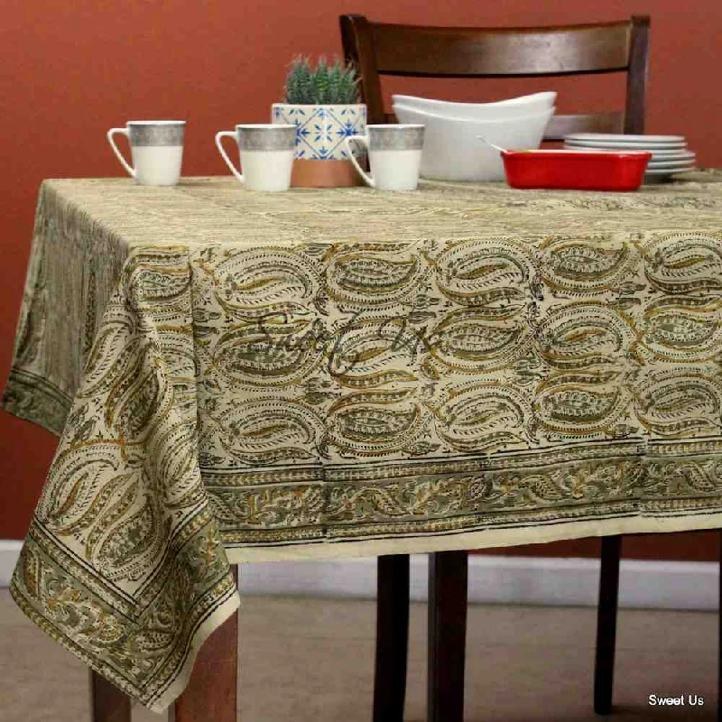 Cotton Vegetable Dye Hand Block Print Tablecloth Rectangle Green Gold Beige