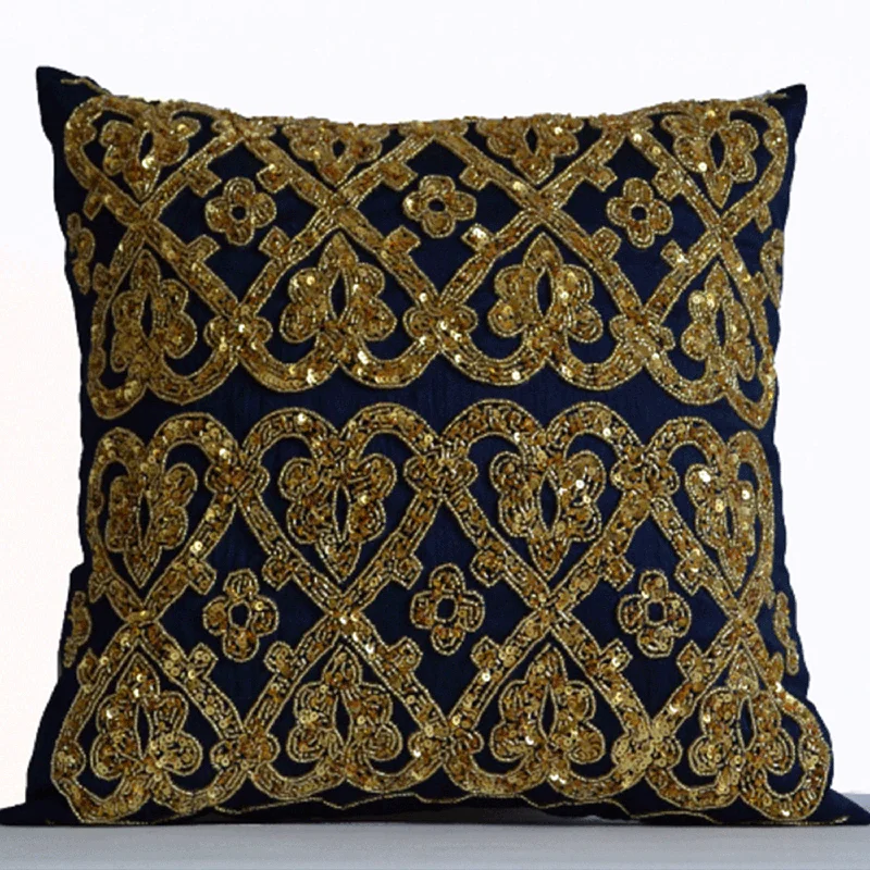 Navy Throw Pillow Cover with Exquisite Gold Sequin Beads Embroidery