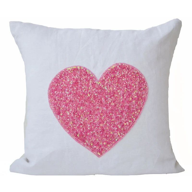 White linen pillow covers with pink sequin heart - Decorative cushion cover - Gift of love -Throw pillow 16X16 - wedding, anniversary gift.