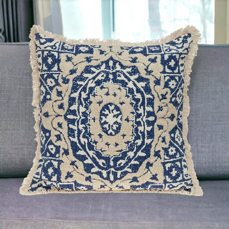 Boho Garland Beige and Navy Blue Decorative Accent Pillow